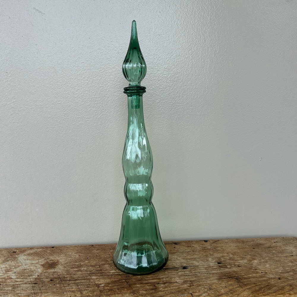 Green Empoli Glass Ribbed Bottle/Decanter Flame Stopper Genie Bottle MCM